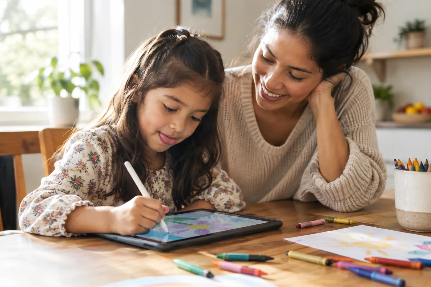 A girl draws on a tablet at the kitchen table while her mother watches, smiling