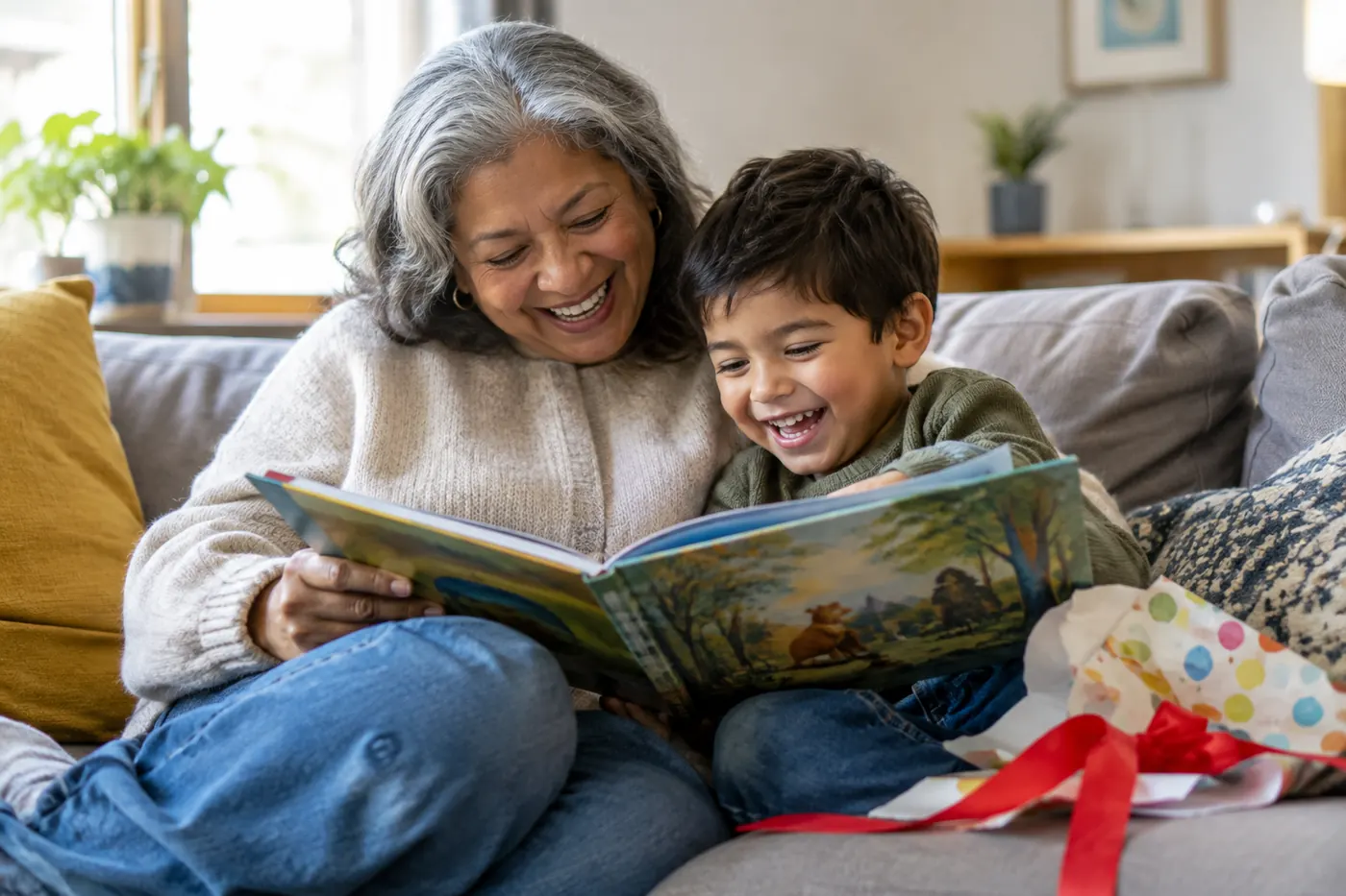 A grandmother and her grandson laughing on a sofa, reading a picture book together beside torn gift wrap
