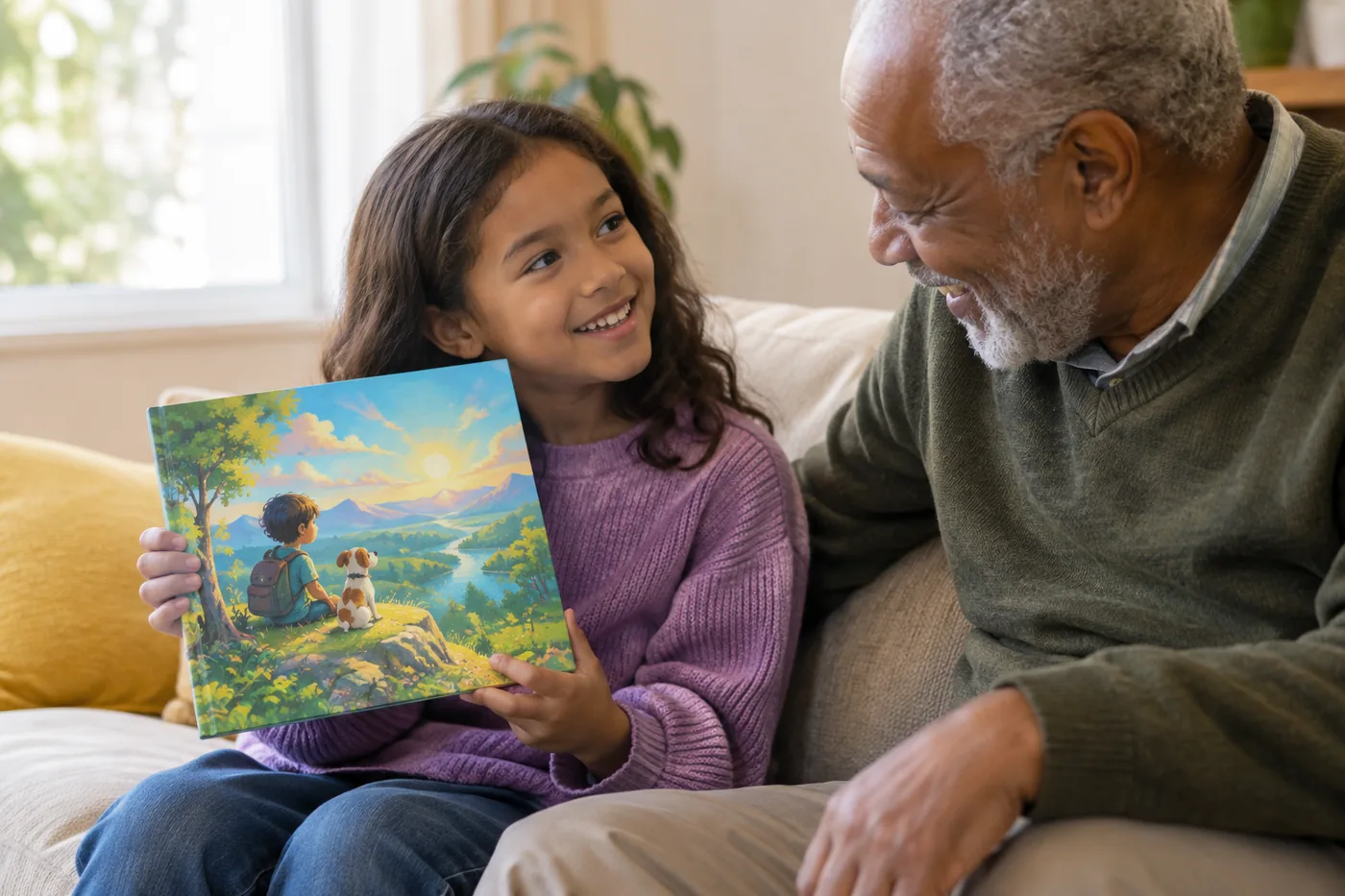 A girl proudly holding up her printed picture book for her smiling grandfather