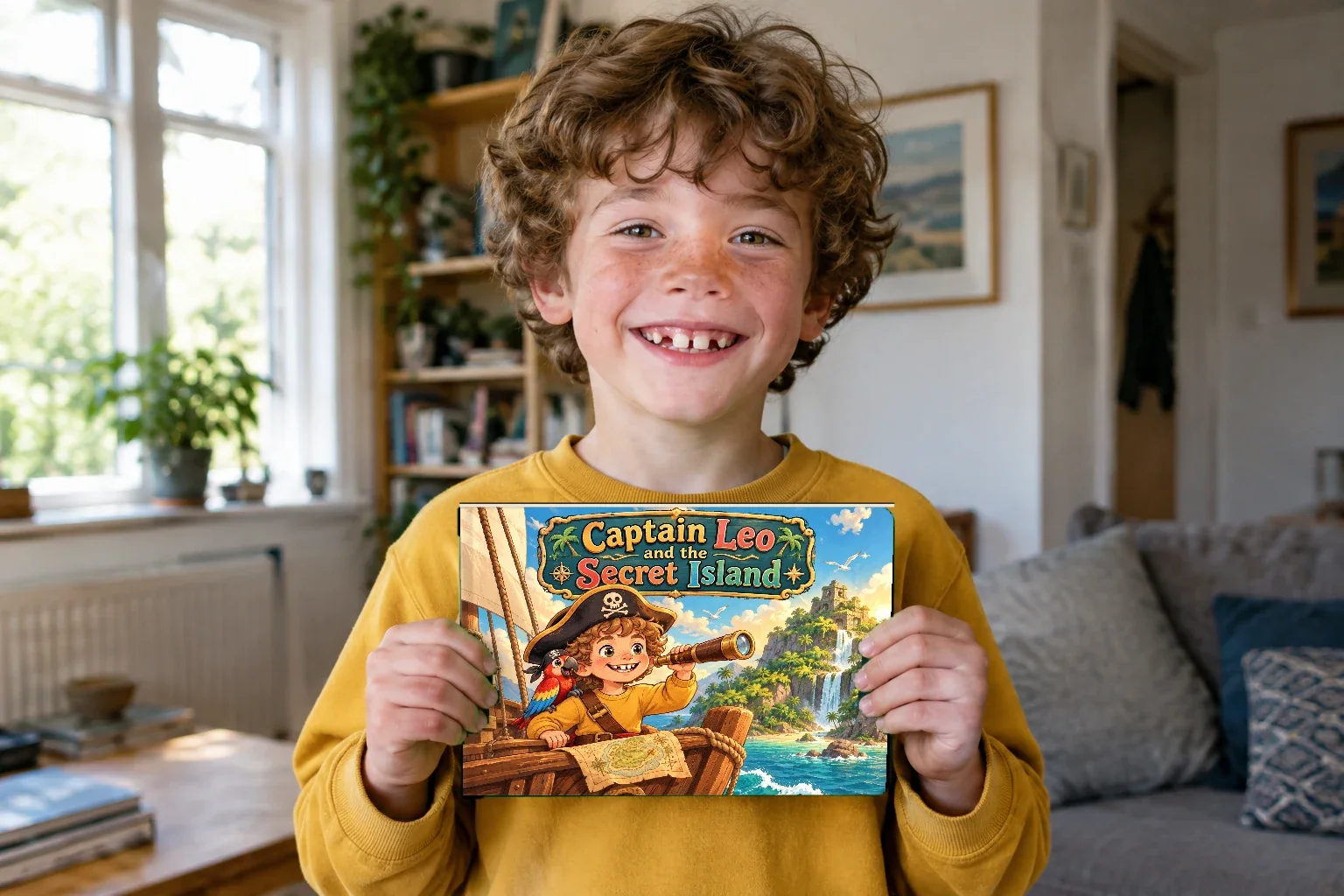 A proud, smiling boy holds up his hardcover Hero Book, Captain Leo and the Secret Island, with his storybook self on the cover