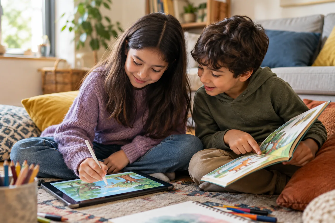 A girl draws on a tablet with a stylus while her younger brother points at a printed picture book beside her
