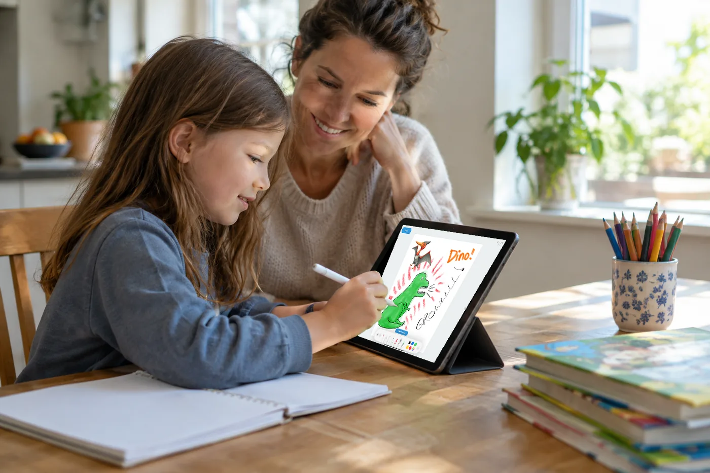 At a sunlit kitchen table, a girl draws a dinosaur in My Story on a tablet with a stylus while her mother watches