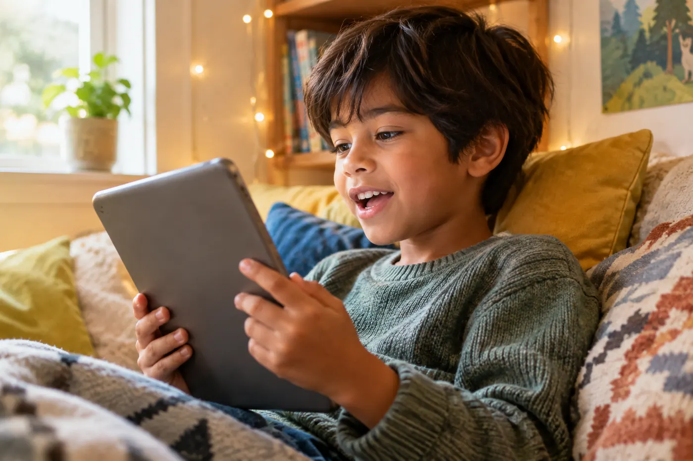 A boy on a cozy couch reads his story aloud into a tablet