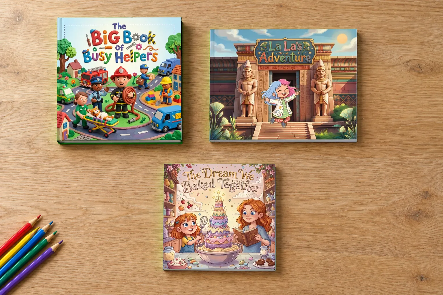 Three printed My Story Originals on a wooden table: The Big Book of Busy Helpers and The Dream We Baked Together, which are square, and La La's Adventure, which is landscape