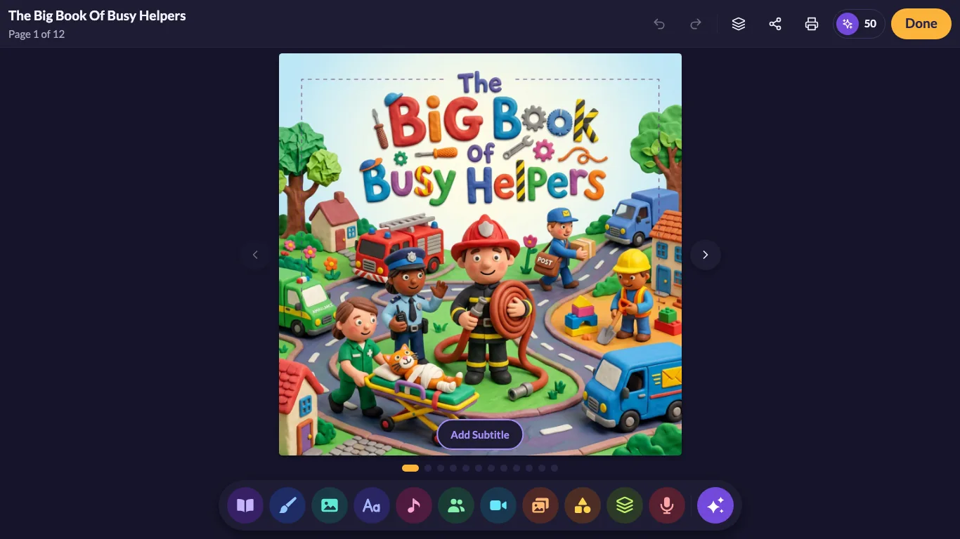 A book cover, The Big Book of Busy Helpers, open in the My Story editor with share and print buttons at the top