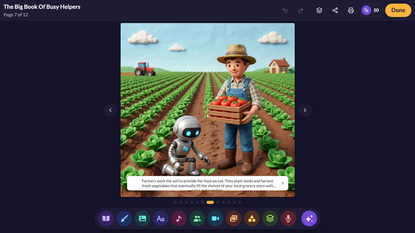 A farm page in the My Story editor with the story text shown over the picture