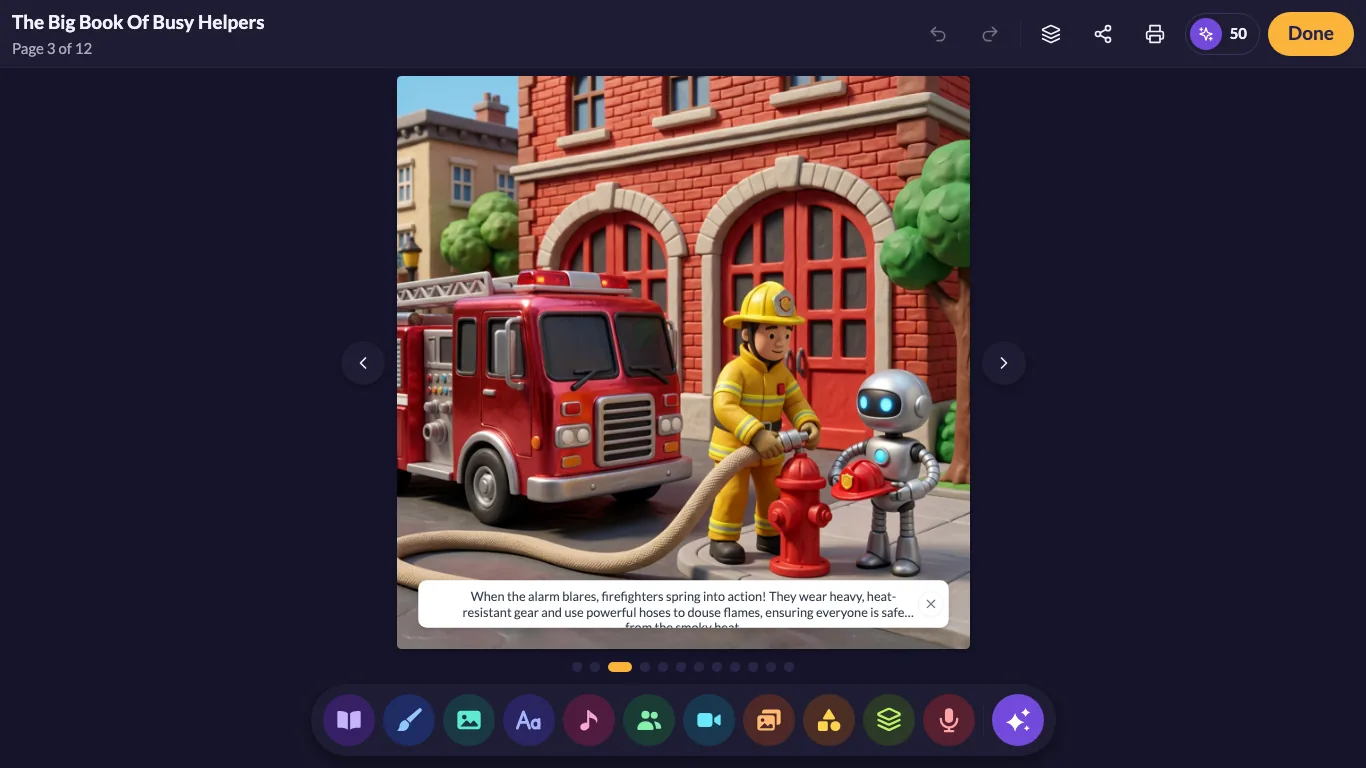 The My Story book editor in a browser, showing a fire station page with its story text and the editing toolbar